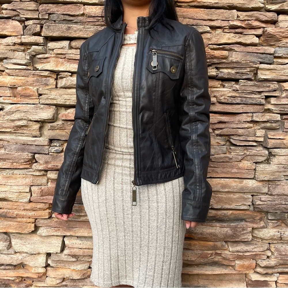 🔥Brave Soul Moto Bomber Faux Leather Jacket Chocolate Brown Size M